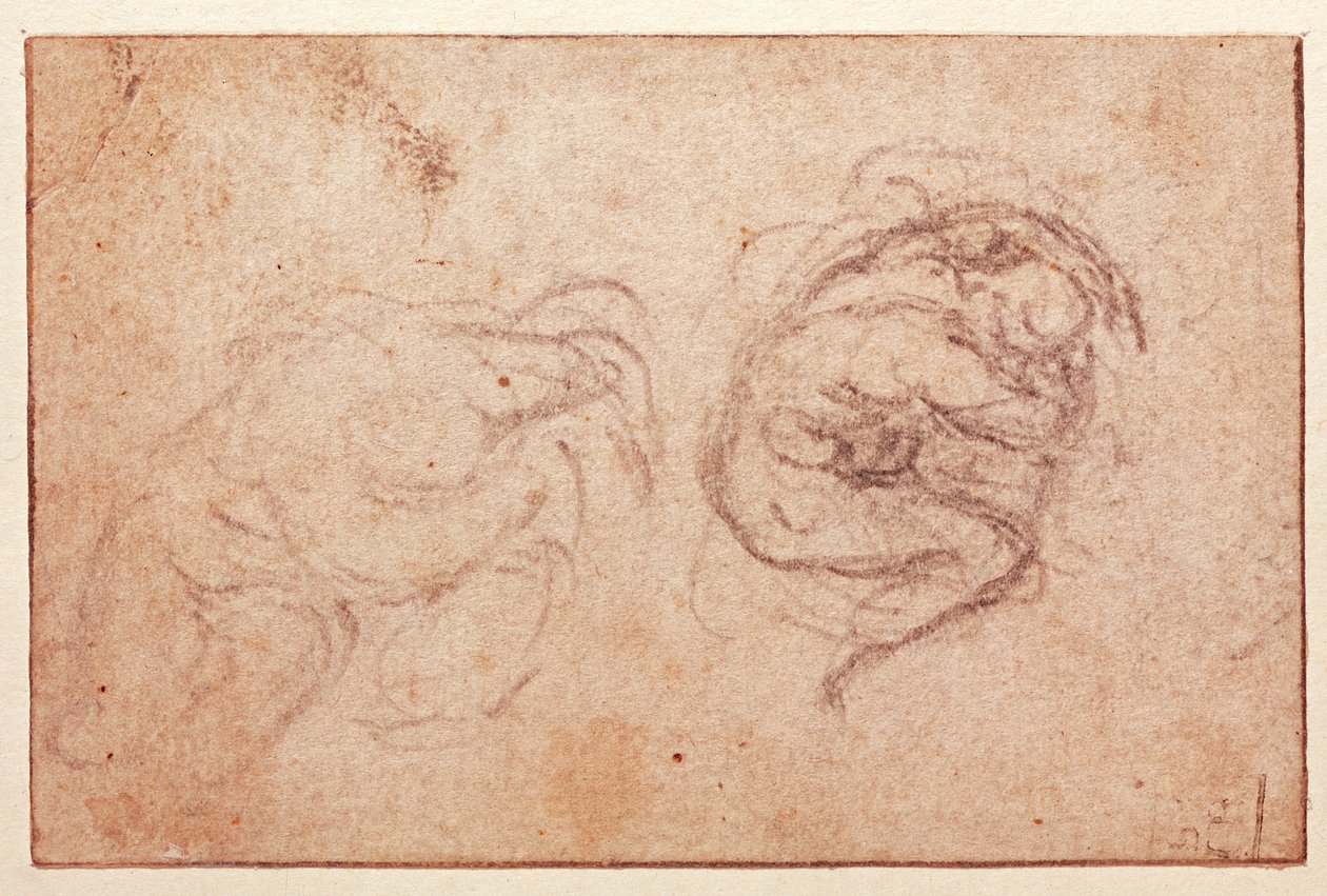 Studie av en hukende figur (svart kritt på papir) (recto) av Michelangelo Buonarroti
