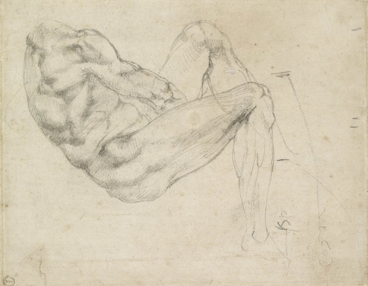 Studie av en liggende mannsfigur, recto (svart kritt på off-white papir) av Michelangelo Buonarroti