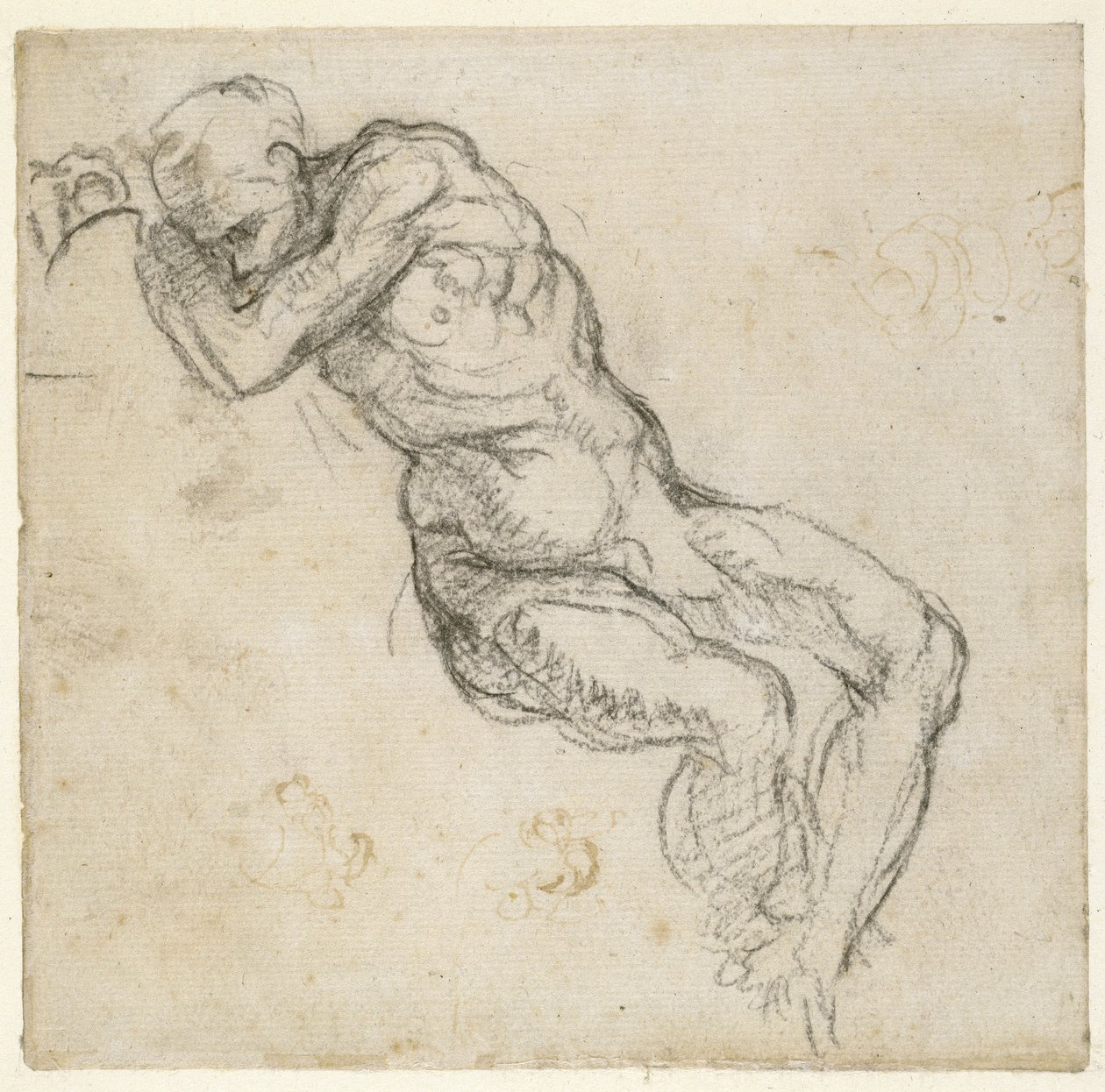 Studie av en naken mann, ca. 1511 (penn og svart kritt på papir) av Michelangelo Buonarroti