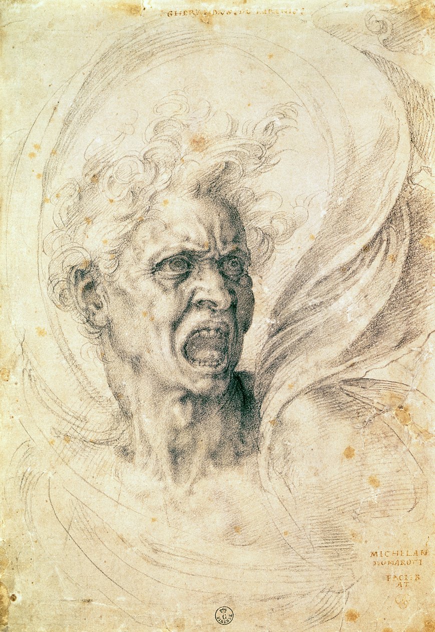 Studie av en mann som roper (kull på papir) av Michelangelo Buonarroti