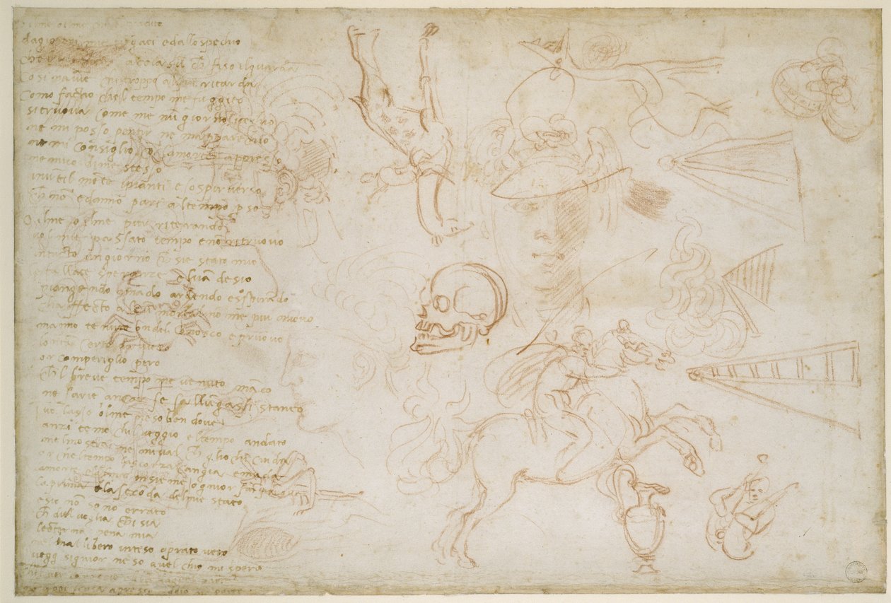 Studie av hoder og dyr, ca. 1525 (rødt kritt og penn på papir) av Michelangelo Buonarroti