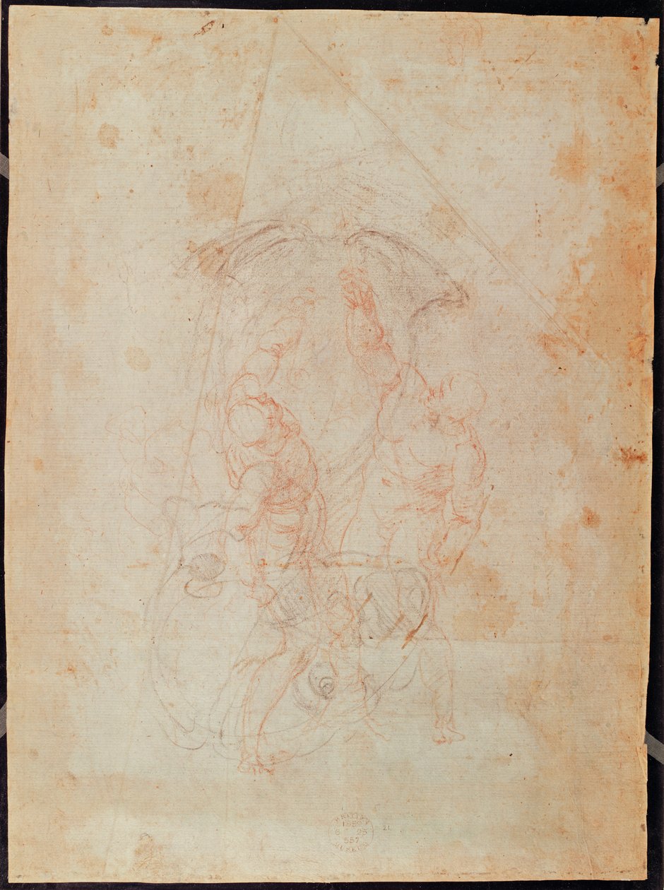 Studie av to mannsfigurer (rødt kritt på papir) (verso) av Michelangelo Buonarroti