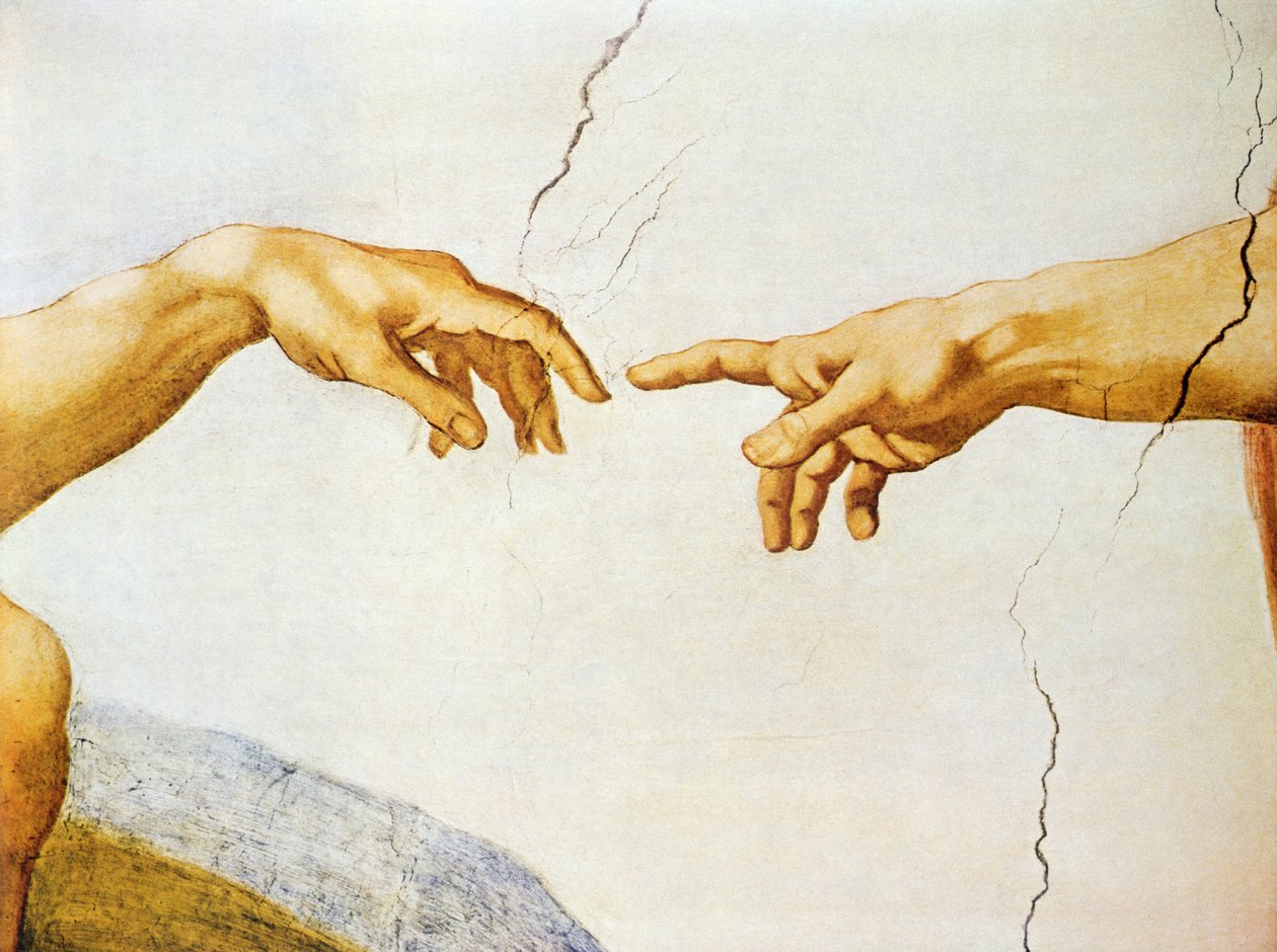 The Creation of Adam, fra det sixtinske tak, 1510 (detalj) av Michelangelo Buonarroti