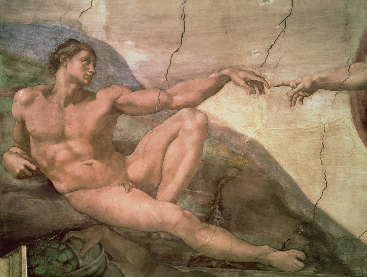 Skapelsen av Adam, fra det sixtinske tak, 1511 (forhåndsrestaurering) av Michelangelo Buonarroti