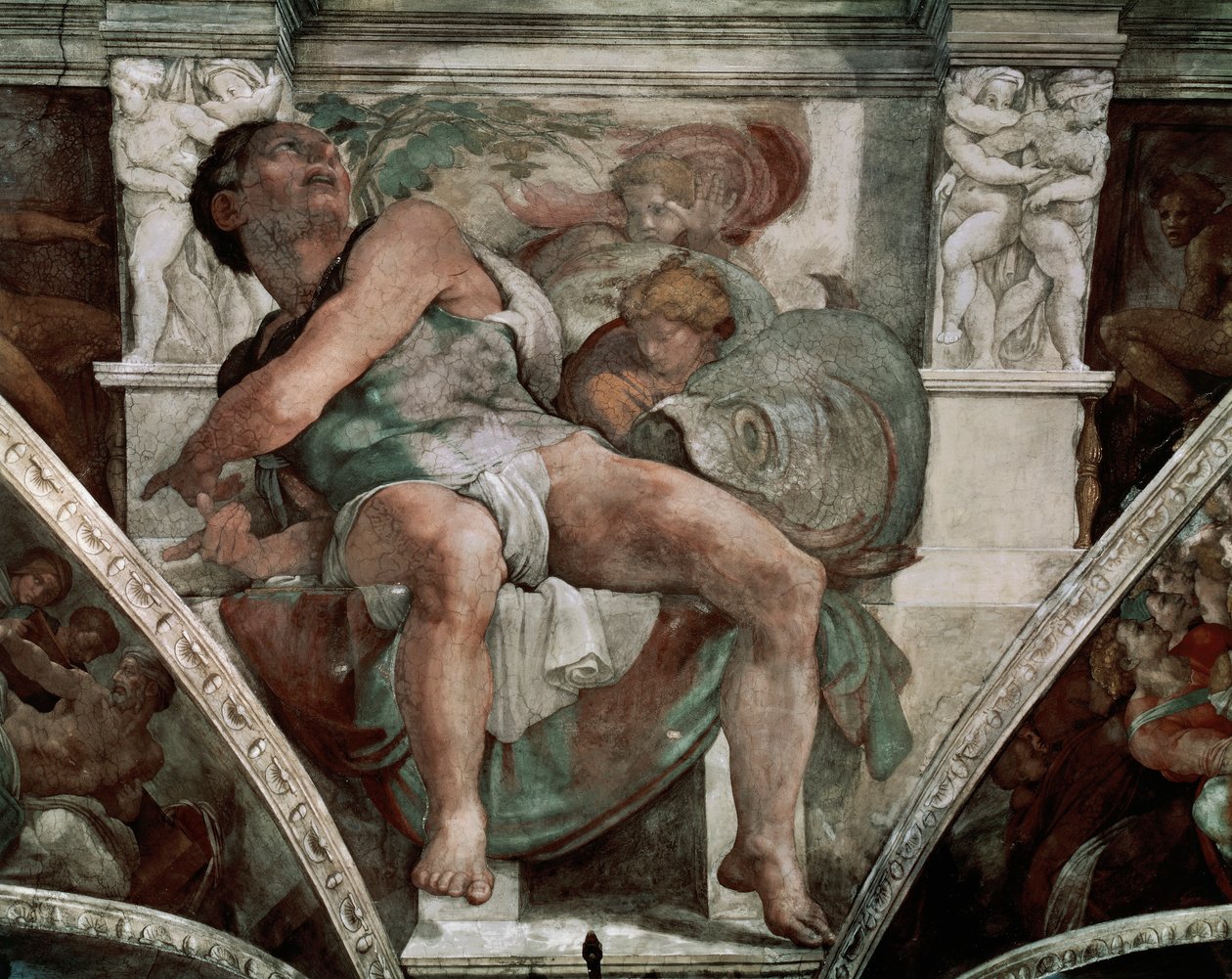 Profeten Jonas, fra Det sixtinske kapell, 1538-41 (forhåndsrestaurering) av Michelangelo Buonarroti