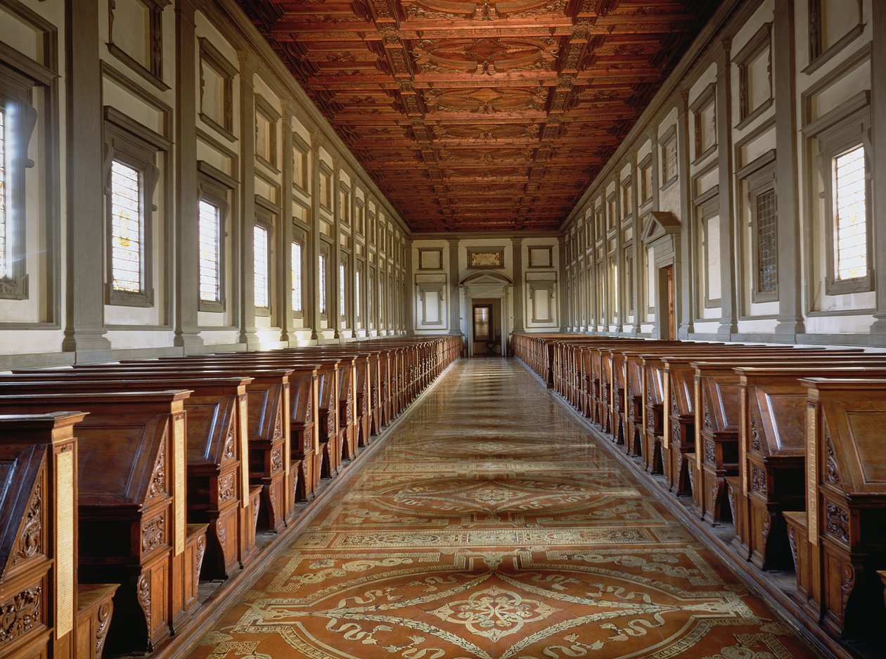 The Reading Room of the Laurentian Library, designet av Michelangelo Buonarroti (1475-1564), 1534 av Michelangelo Buonarroti