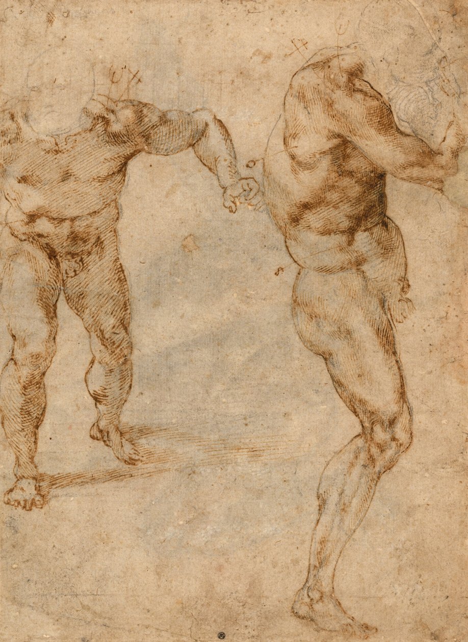 To nakenstudier av en mann som stormer fremover og en annen som snur til høyre (verso), ca. 1504 av Michelangelo Buonarroti