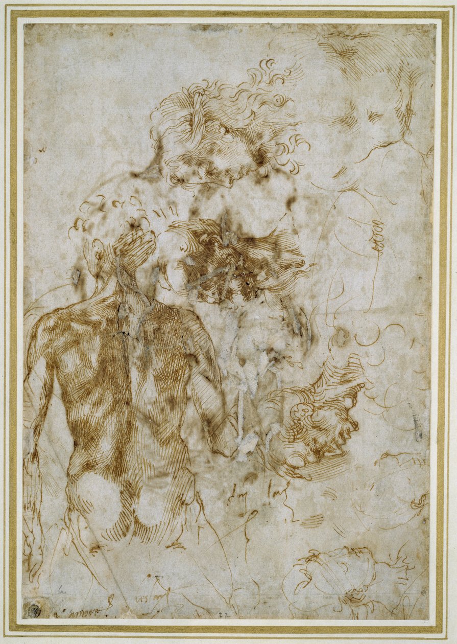 Ulike figurstudier (penn og brunt blekk på off-white papir) av Michelangelo Buonarroti
