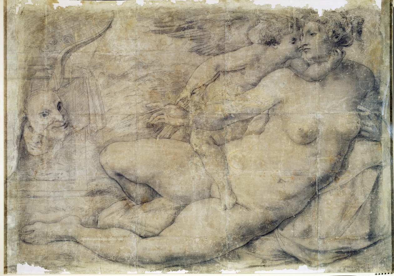 Venus med Amor (kull på papir) av Michelangelo Buonarroti