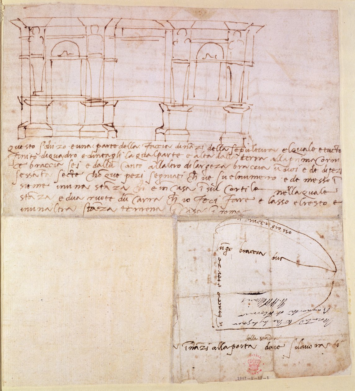 W.23r Arkitektonisk skisse med notater (penn og blekk) av Michelangelo Buonarroti