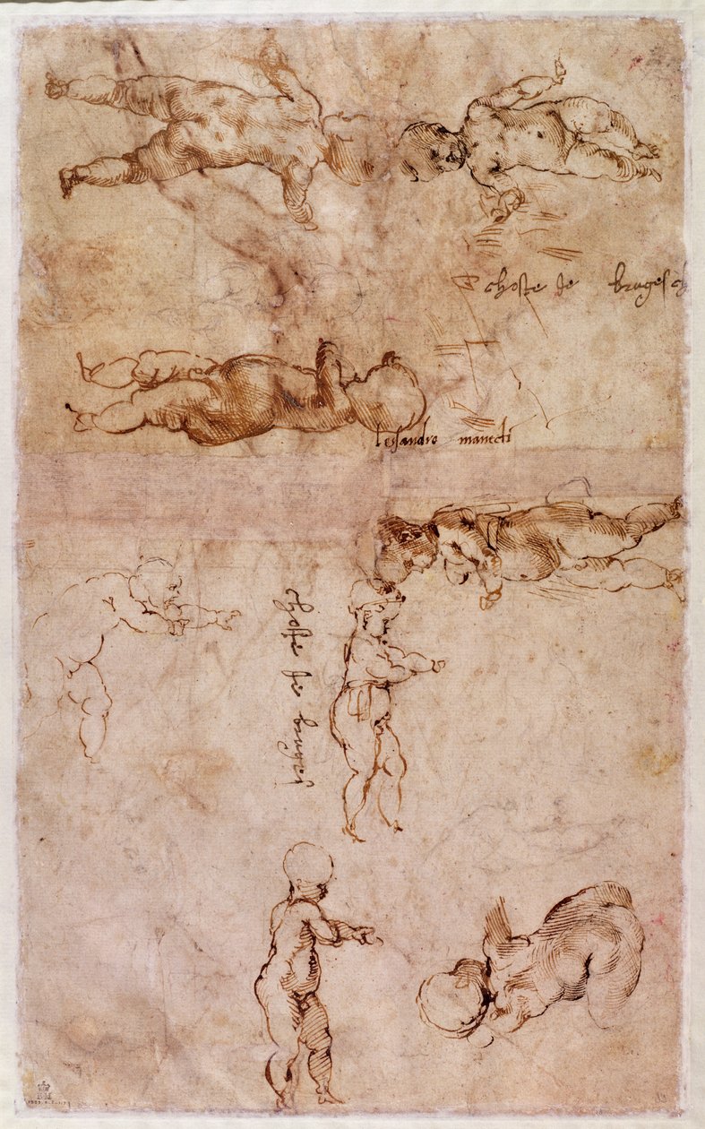 W.4v Side med skisser av babyer eller kjeruber (blekk på papir) av Michelangelo Buonarroti