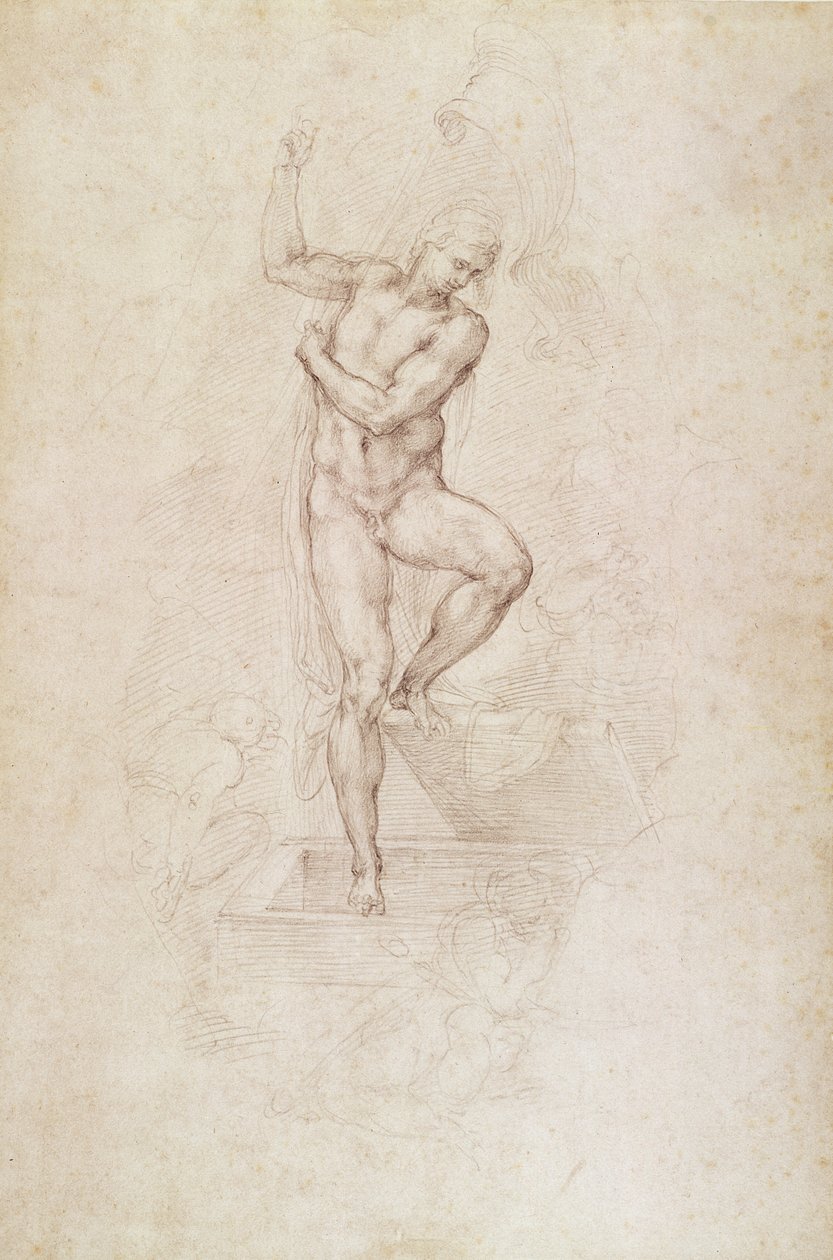 W.53r Den oppstandne Kristus, studie for fresken av Den siste dommen i Det sixtinske kapell, Vatikanet (blyant) av Michelangelo Buonarroti