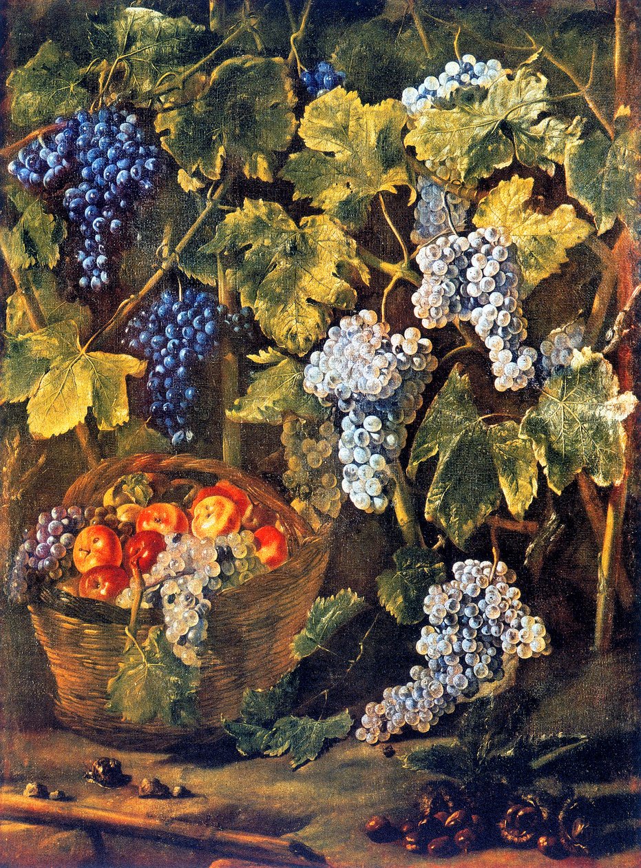 Stilleben med en kurv med frukt, kastanjer og bakgrunn eller vinranker og drueklaser av Michelangelo Cerquozzi