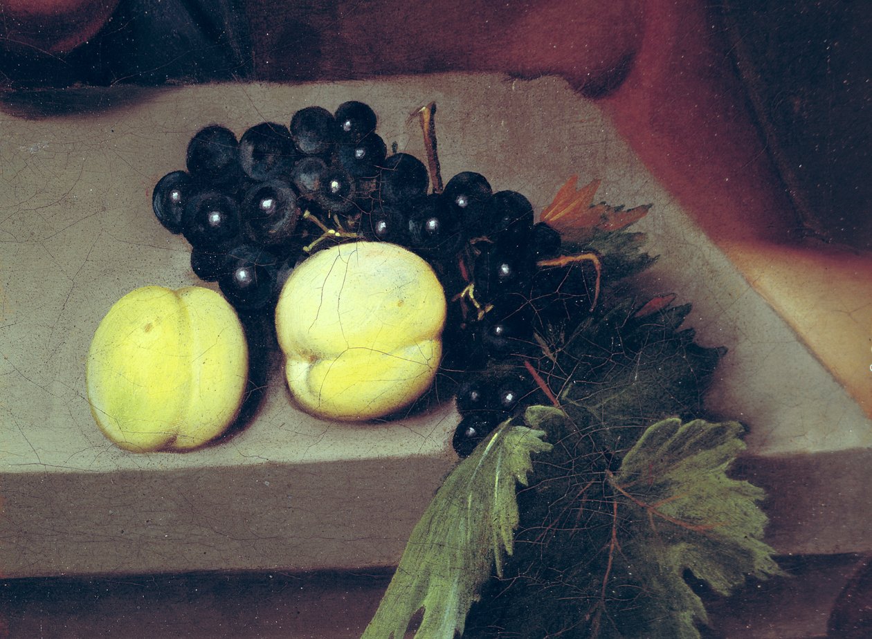 The Sick Bacchus, detalj av fersken og druer, 1591 (se 55903) av Michelangelo Merisi Caravaggio