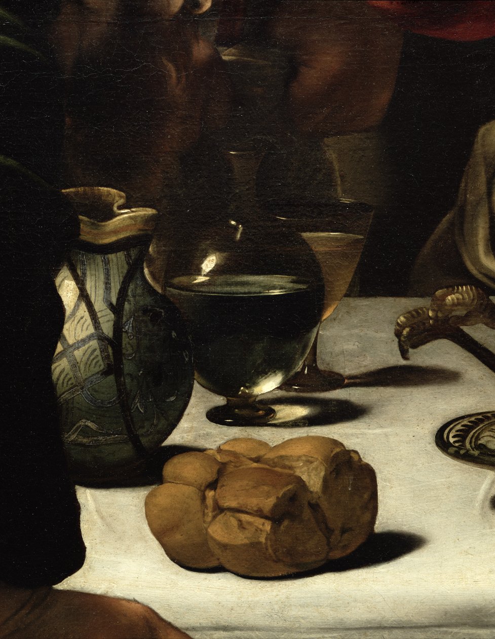 Nattverden i Emmaus, 1601 (olje og tempera på lerret) (detalj av 928) av Michelangelo Merisi Caravaggio