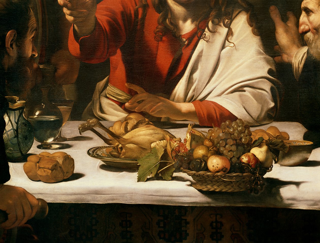 Nattverden i Emmaus, 1601 (olje og tempera på lerret) (detalj av 928) av Michelangelo Merisi Caravaggio