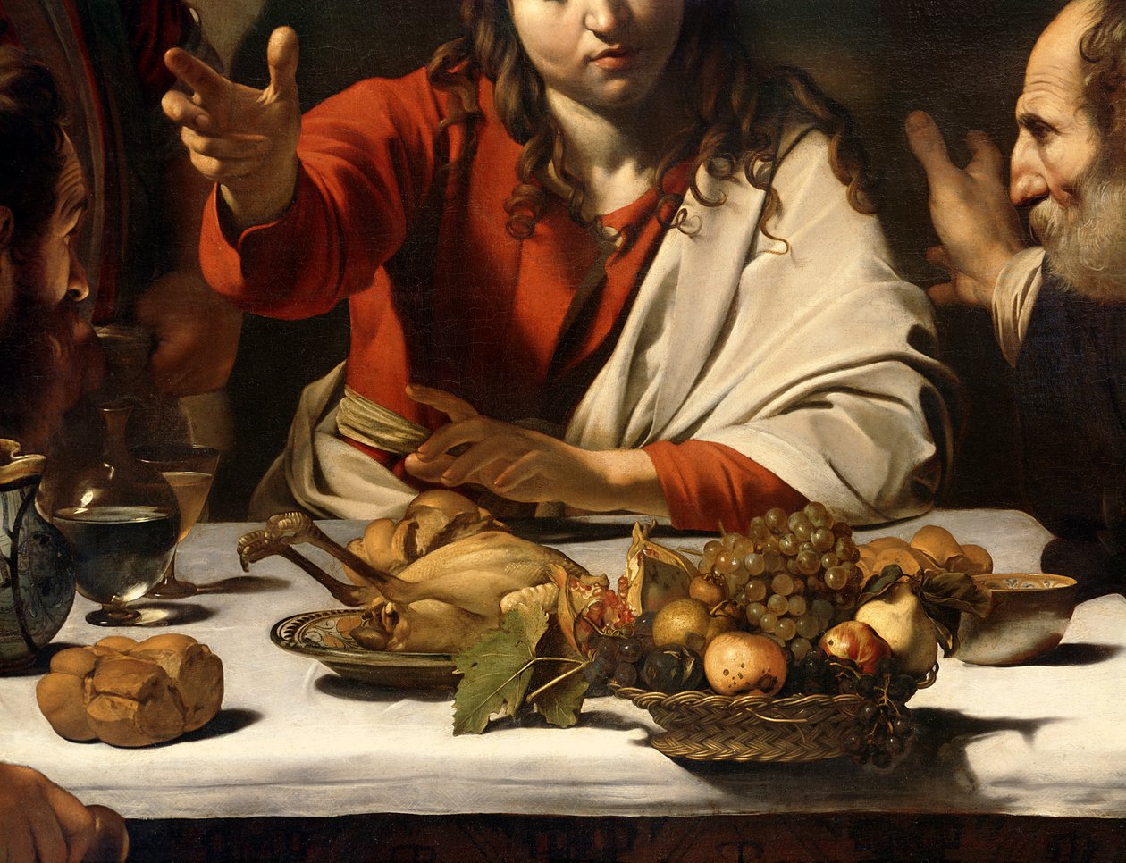 Nattverden i Emmaus, 1601 (olje og tempera på lerret) (detalj av 928) av Michelangelo Merisi Caravaggio