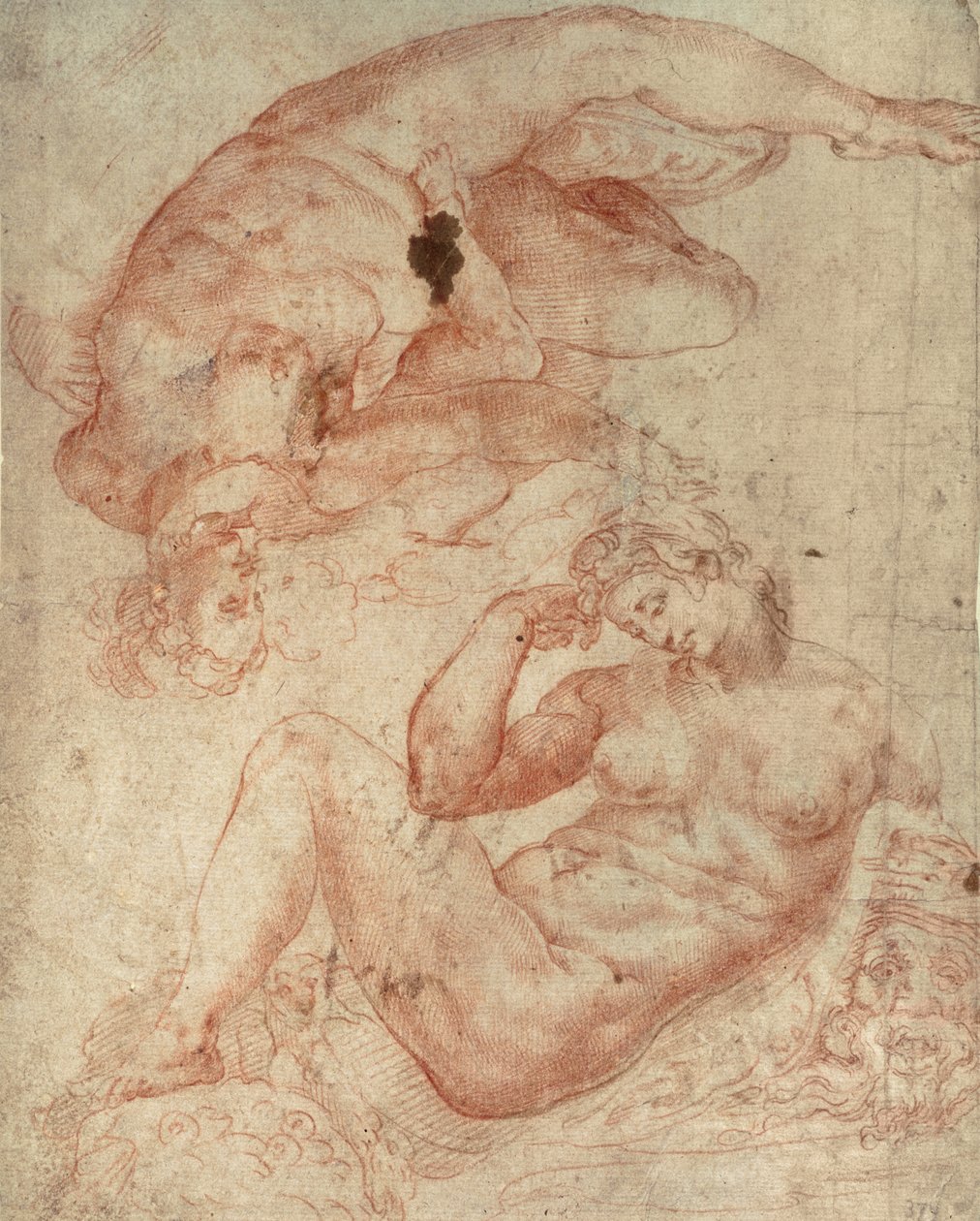Studier av nakenbilder (rødt kritt på papir) av Michelangelo Buonarroti