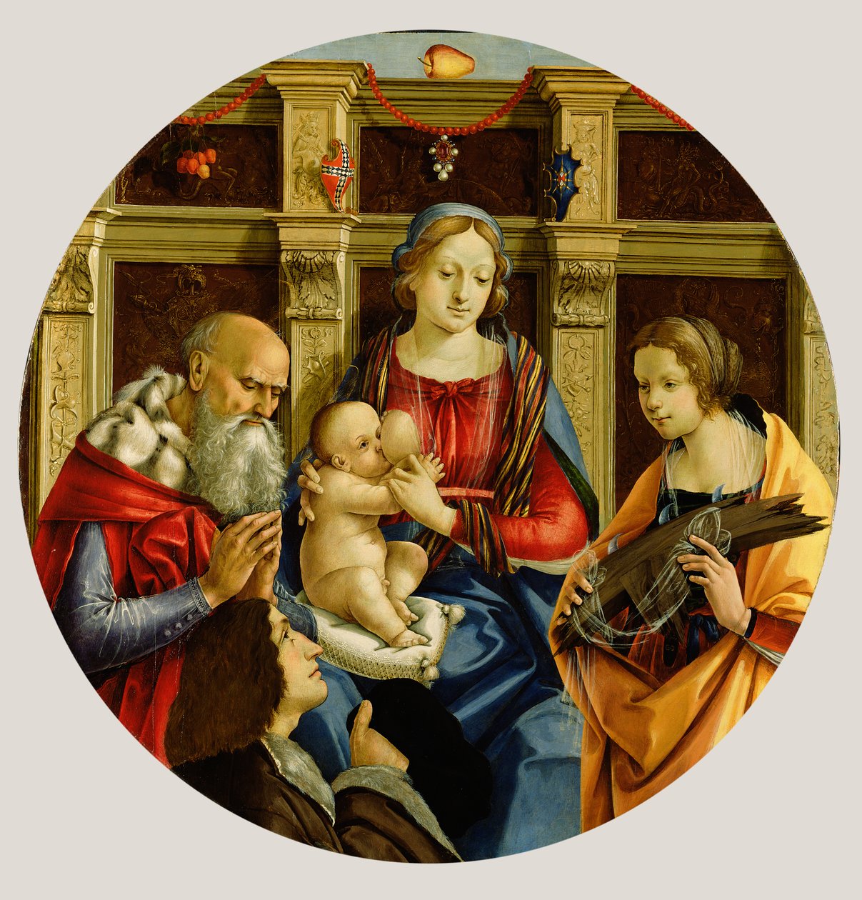 Madonna og barn med en mannlig helgen, Katarina av Alexandria og en giver, ca. 1500 (tempera på panel) av Michelangelo di Pietro Membrini