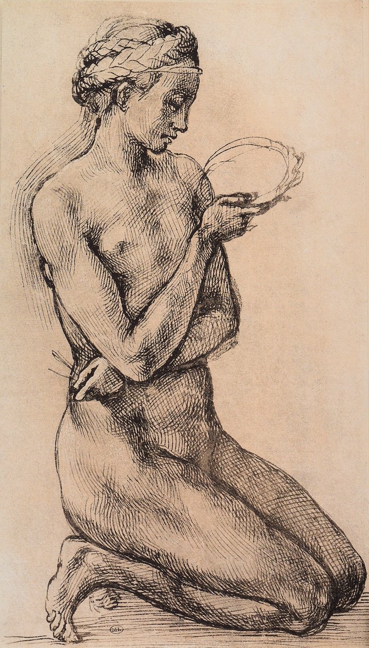 Knelende kvinne; tegning fra skolen til Leonardo. Louvre, Paris av Michelangelo school of Buanorroti