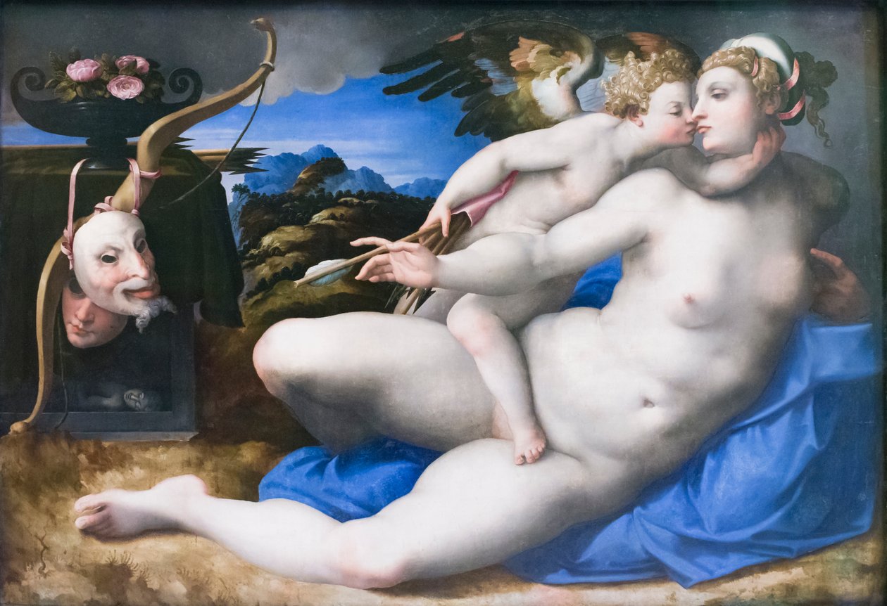 Venus og Amor, etter Michelangelo Buonarroti (olje på panel) av Michelangelo (after) Buonarroti