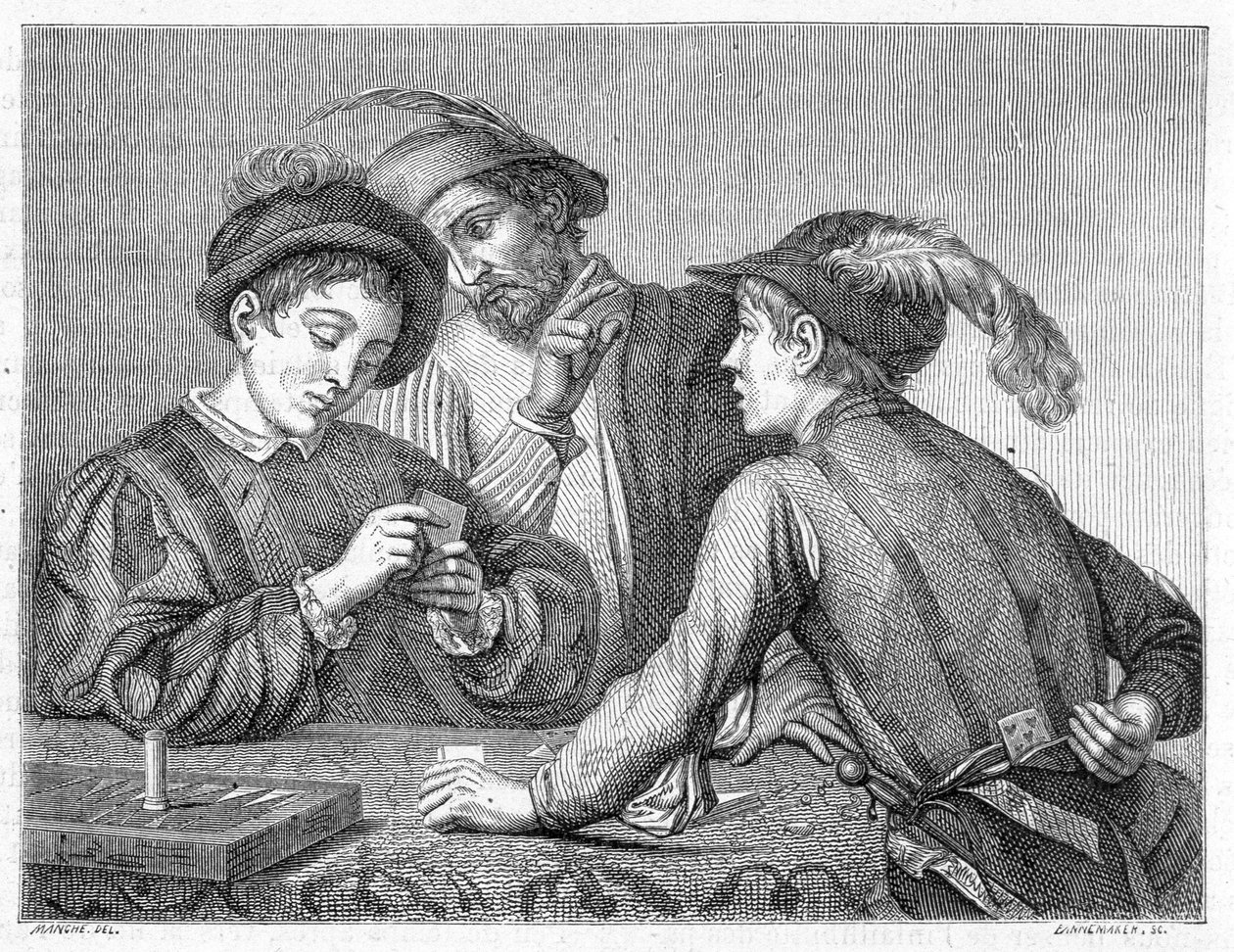 Jukserne. Gravering fra 1800-tallet som viser arbeidet til Caravaggio (il Caravaggio) rundt 1596. av Michelangelo (after) Caravaggio