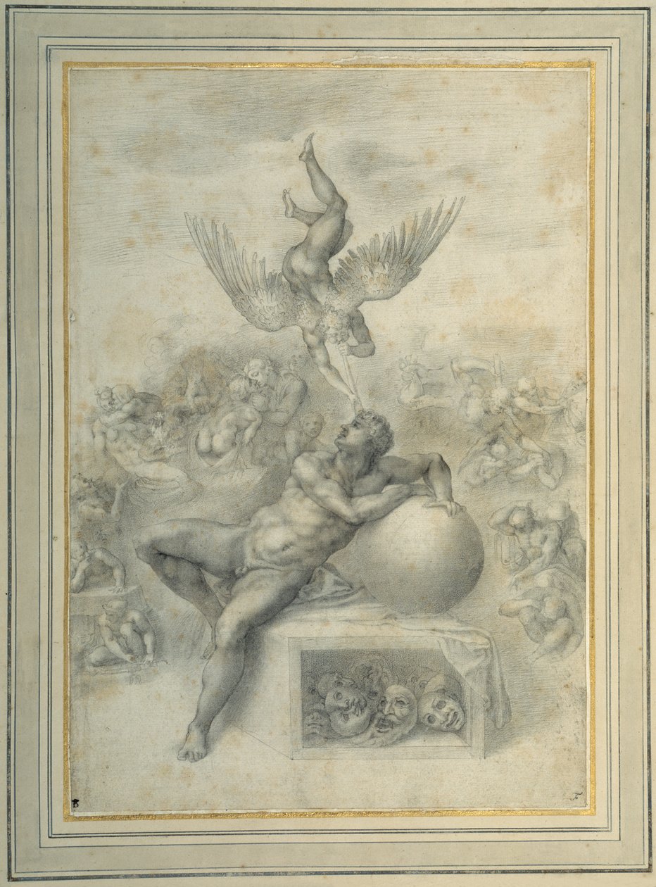 'En drøm om menneskeliv', etter Michelangelo Buonarroti (fin krittkritt på papir) av Michelangelo (follower of) Buonarroti