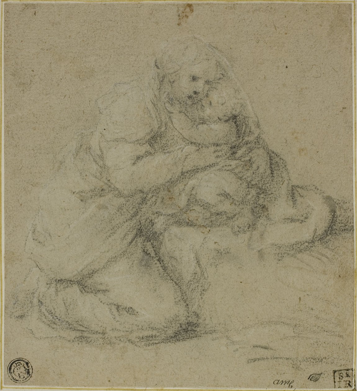 Knelende mor omfavner barnet av Michelangelo Anselmi