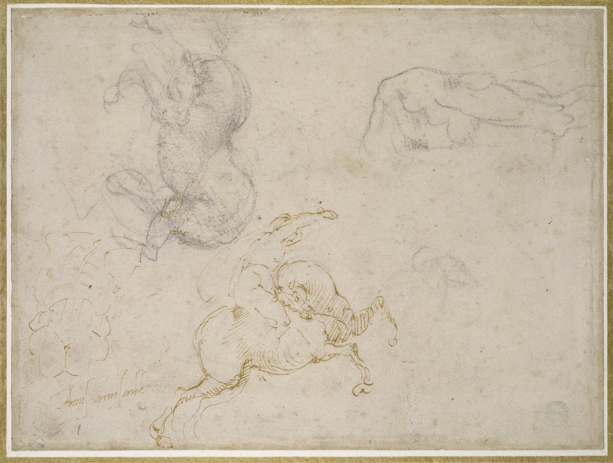 A Horseman lader og andre studier (penn og brunt blekk med og over svart kritt på off-white papir) av Michelangelo Buonarroti