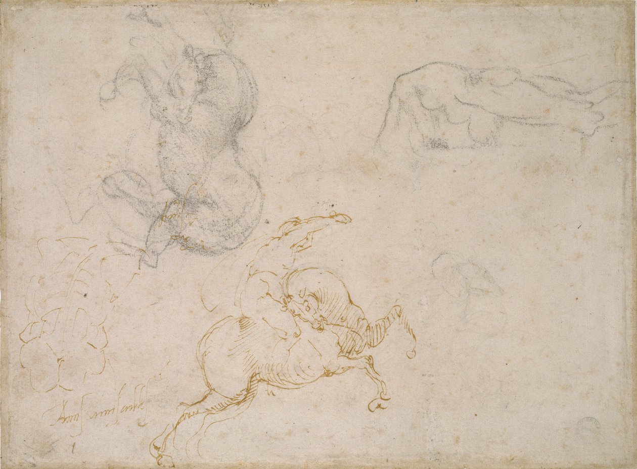 A Horseman charging and other studies, 1500-tallet av Michelangelo Buonarroti