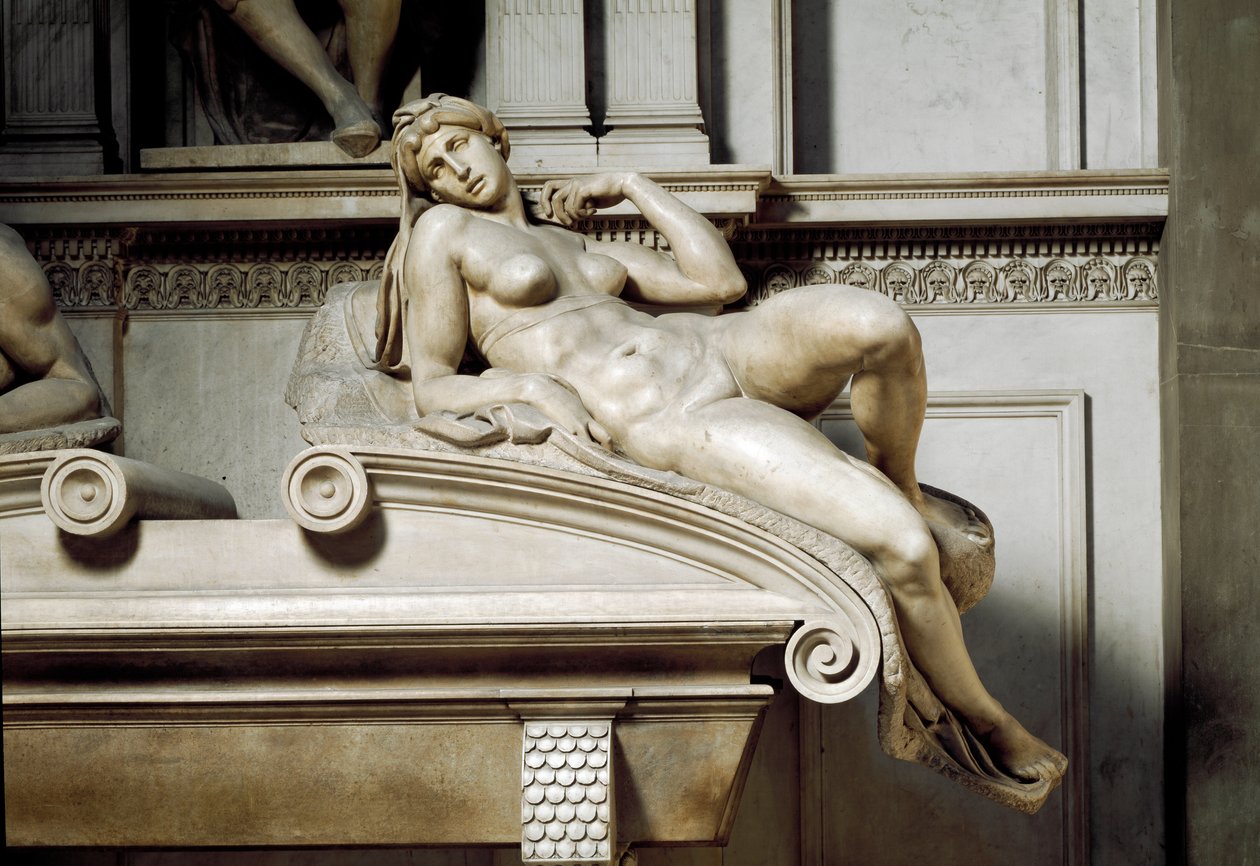 Allegori av Aurora. Graven til Laurent II av Medicis. Marmorskulptur 1531 av Michelangelo Buonarroti
