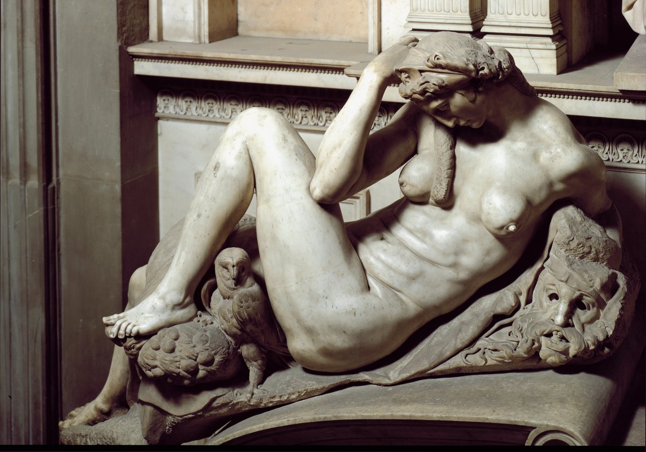 Allegori om natten. Mausoleet til Giuliano de Medici. Marmor skulptur av Michelangelo Buonarroti