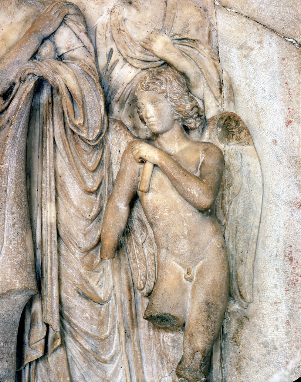 Angel, Venezia-marmor, tidlig på 1500-tallet. Begravelsesseremoni, detalj, Louvre-museet. Skulptur av Michelangelo Buonarroti dit Michel Ange (Michelangelo eller Michelangelo av Michelangelo Buonarroti
