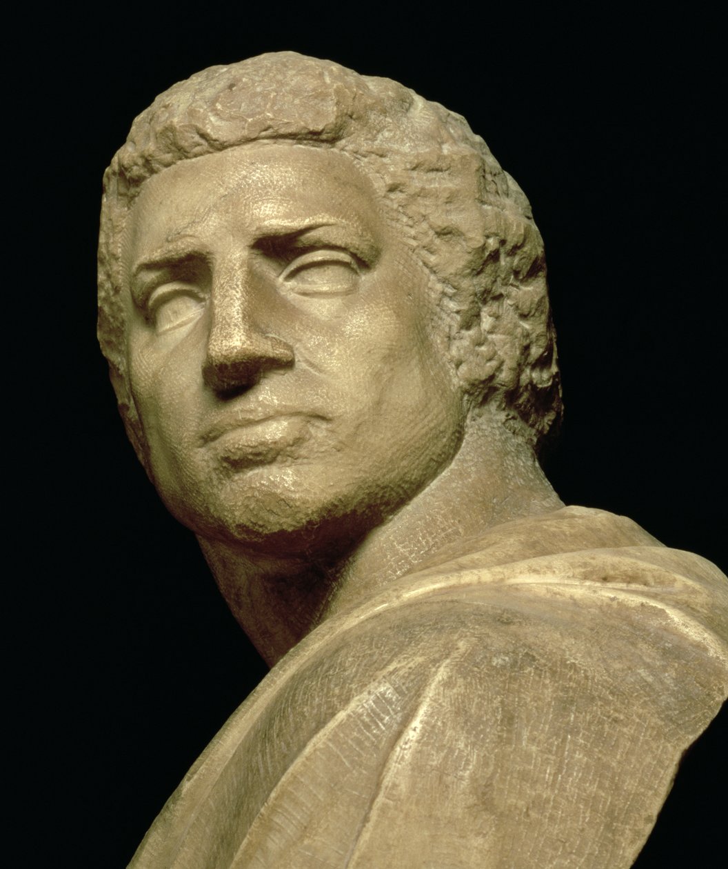 Brutus, detalj av hodet fra byste av Michelangelo Buonarroti 1475-1564, ca. 1539-40 marmordetalj av 79848 av Michelangelo Buonarroti