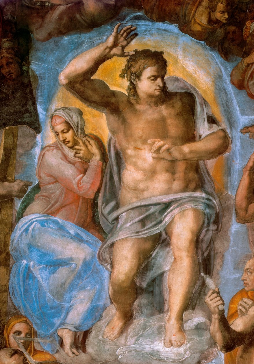 Detalj av den siste dommen: Kristus-dommerne. Fresco av Michelangelo Buonarroti, kjent som Michelangelo (Michelangelo eller Michelangelo av Michelangelo Buonarroti