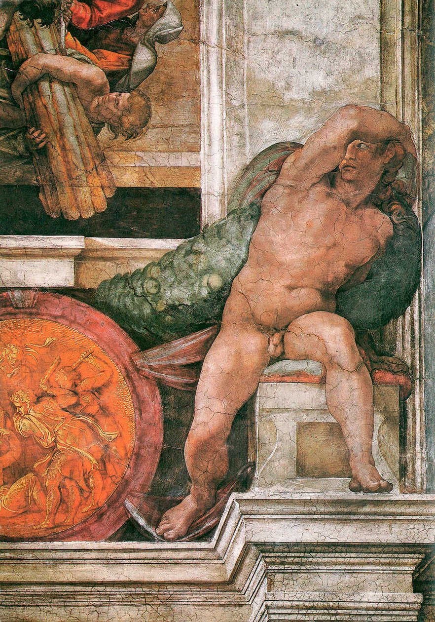 Detalj av taket i det sixtinske kapell i Vatikanet, 1508-1512. av Michelangelo Buonarroti