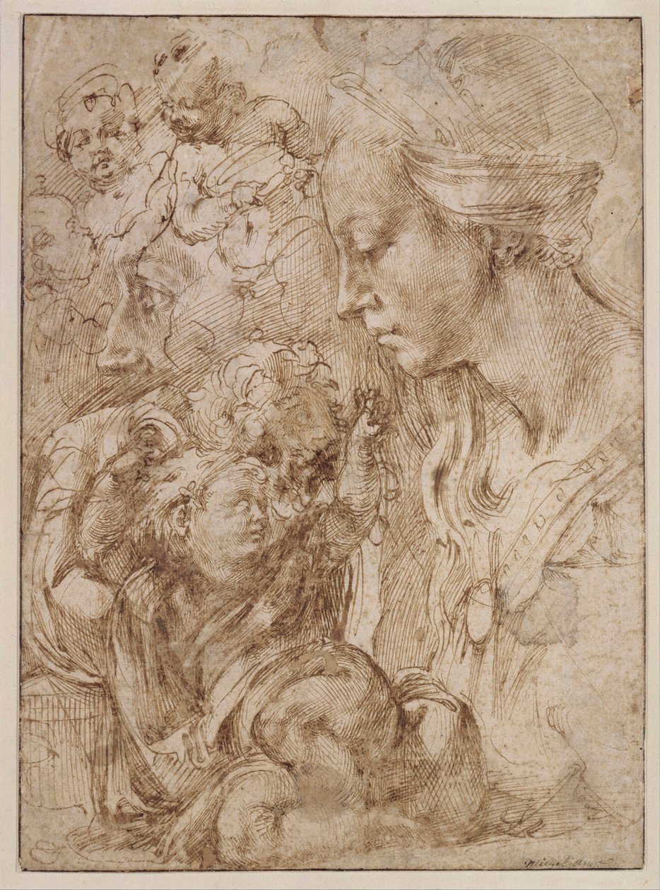 "Studier for en hellig familie med døperen Johannes som barn" (Studier for en hellig familie med døperen Johannes som barn) Tegning av Michelangelo Buonarroti (1475-1564) - 1505 - Penn, pensel, indisk blekk på papir Dim 28, 7x20 ,9 cm Staatliche Museen, Be av Michelangelo Buonarroti
