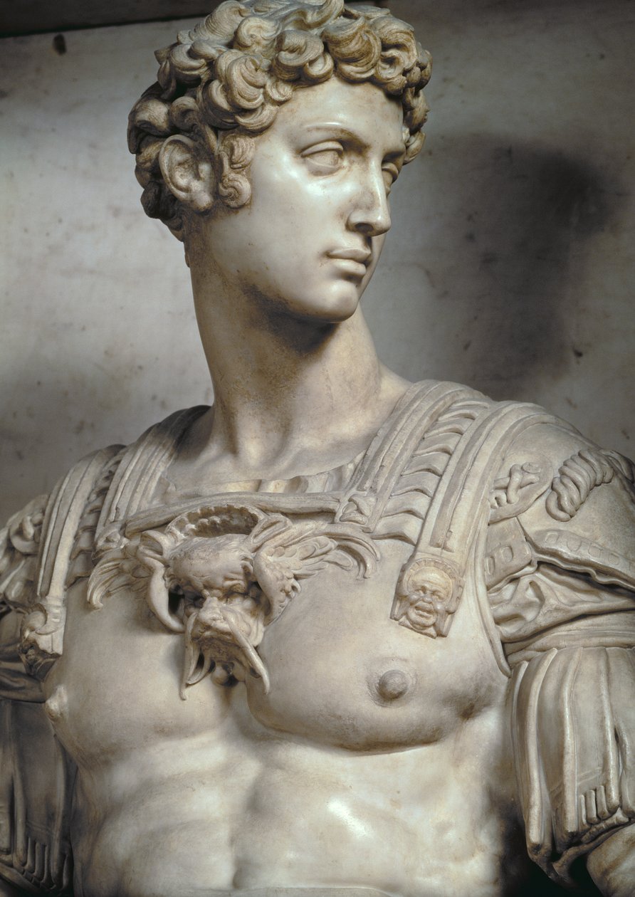 Giuliano de Medici, hertug av Nemours 1479-1516, detalj av figuren fra graven hans av Michelangelo Buonarroti 1475-1564, 1533 marmordetalj av 85089 og 52674 av Michelangelo Buonarroti