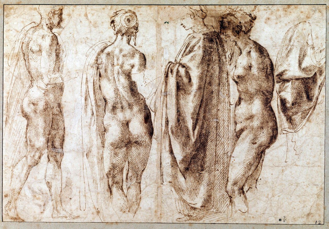 Gruppe på fire stående figurer og en drapere Tegning i pennen til Michelangelo Buonarroti dit Michelangelo (Michelangelo eller Michel Ange av Michelangelo Buonarroti