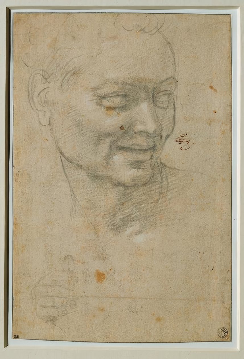 Hodet og høyre hånd til Ignudo over og til venstre for Jesaja av Michelangelo Buonarroti