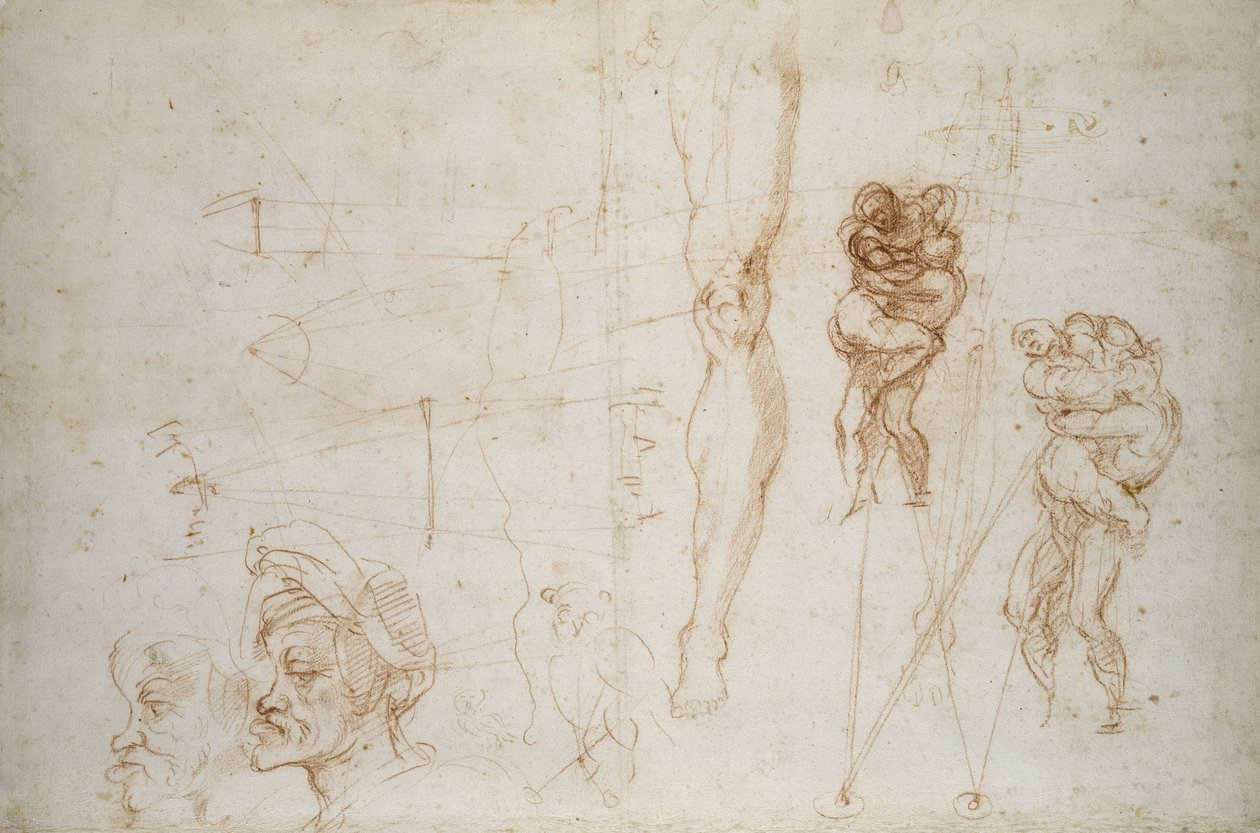 Hercules og Antaeus og andre studier, ca. 1525-28 (kritt på papir) av Michelangelo Buonarroti