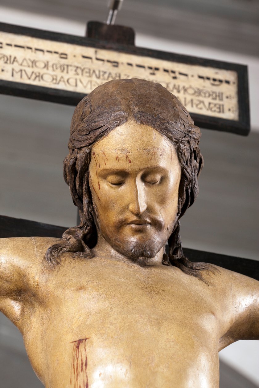 Helligåndskrusifiks, ca. 1493, av Michelangelo (1475-1564), detalj, skulptur i polykromt tre, sakristiet til basilikaen Santo Spirito i Firenze - krusifiks. Renessanseskulptur av Michelangelo Buonarroti dit Michel Ange (Michelangelo eller Michela av Michelangelo Buonarroti