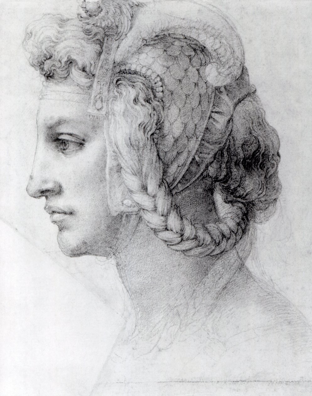 Ideal Head of a Woman, ca. 1525-28 (svart kritt på papir) av Michelangelo Buonarroti