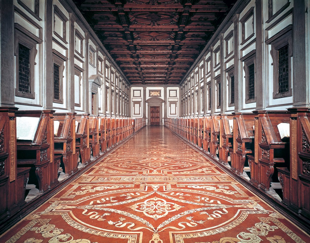 Laurentian Library hall, arkitekt Michelangelo (1475-1564), Firenze, Italia av Michelangelo Buonarroti