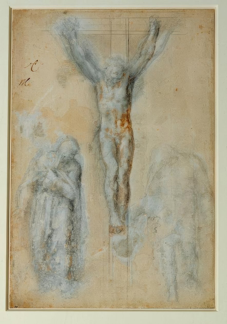 Kristus på korset mellom jomfruen og den hellige Johannes (?) av Michelangelo Buonarroti