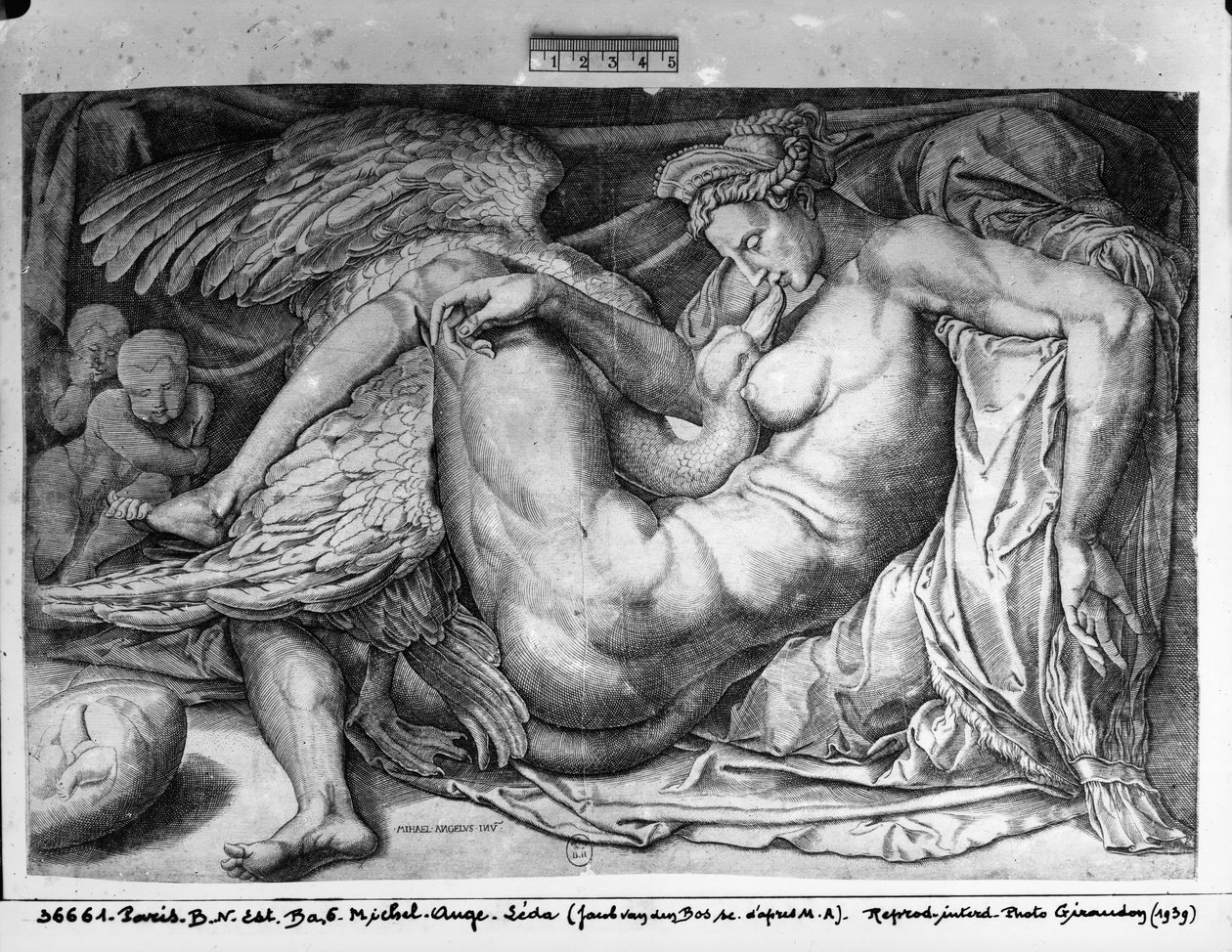 Leda, gravert av Jacobus Bos, Boss eller Bossius (f.c.1520) av Michelangelo Buonarroti