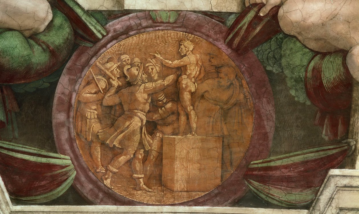 Medaljong representerer ødeleggelsen av statuen av Gud Baal..., 1508-1512. av Michelangelo Buonarroti