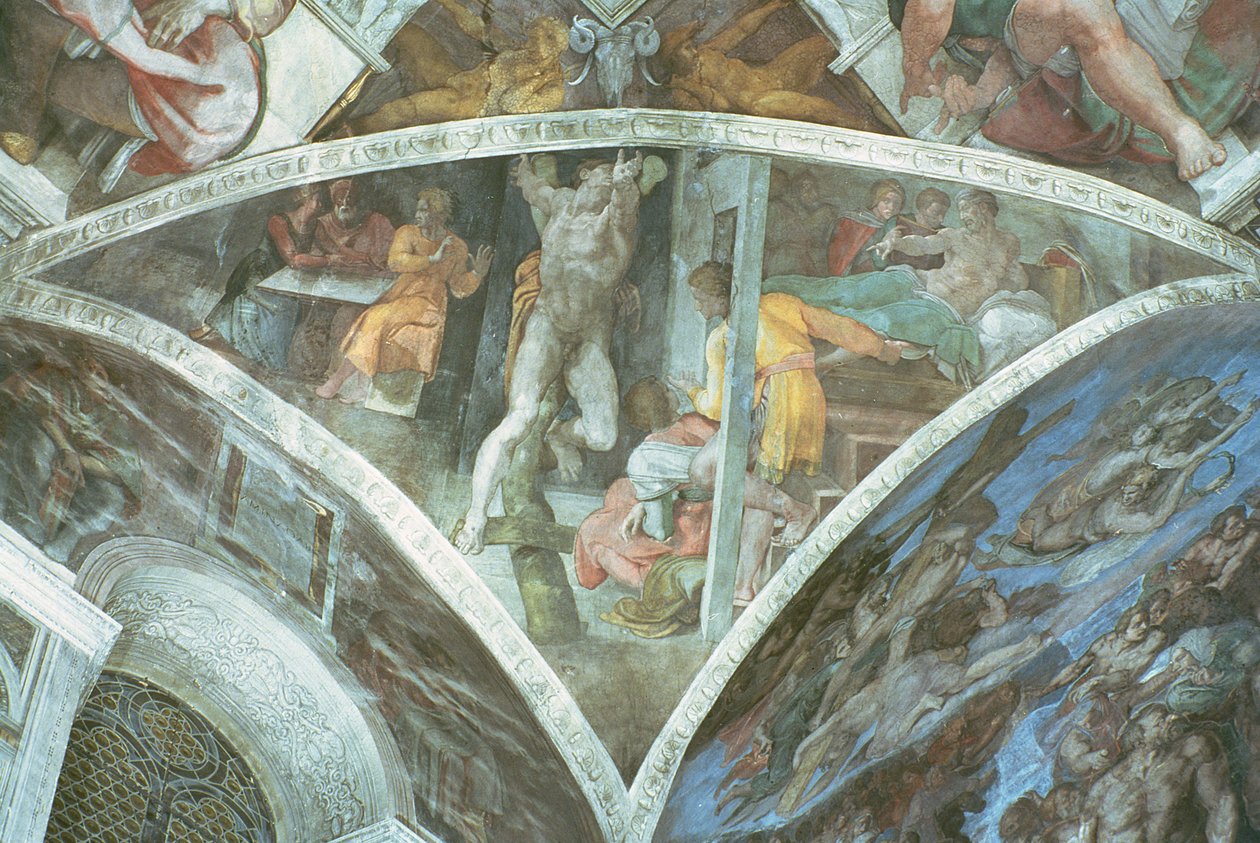 Tak i det sixtinske kapell: Haman (spandrel) (forhåndsrestaurering) av Michelangelo Buonarroti