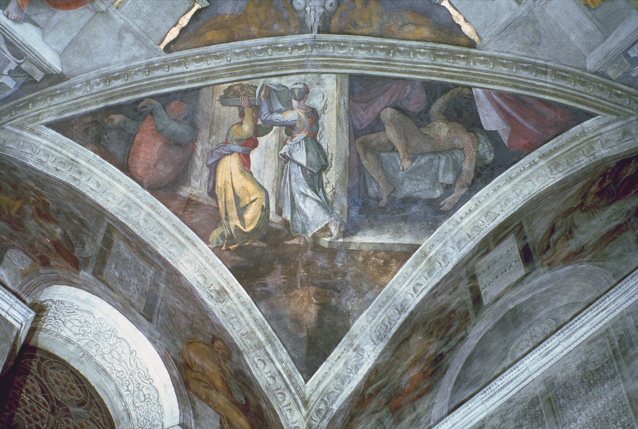 Det sixtinske kapells tak: Judith bærer hodet av Holofernes (spandrel) (forhåndsrestaurering) av Michelangelo Buonarroti