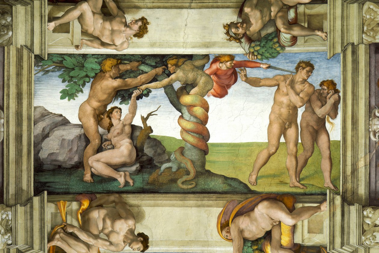 Det sixtinske kapells tak: Menneskets fall og utdrivelsen fra Edens hage, med fire Ignudi av Michelangelo Buonarroti